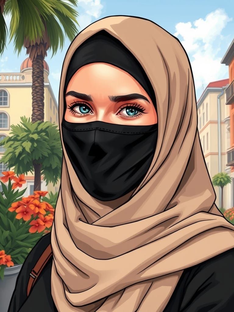 Modest Woman Smiles Warmly in Lush City Landscape