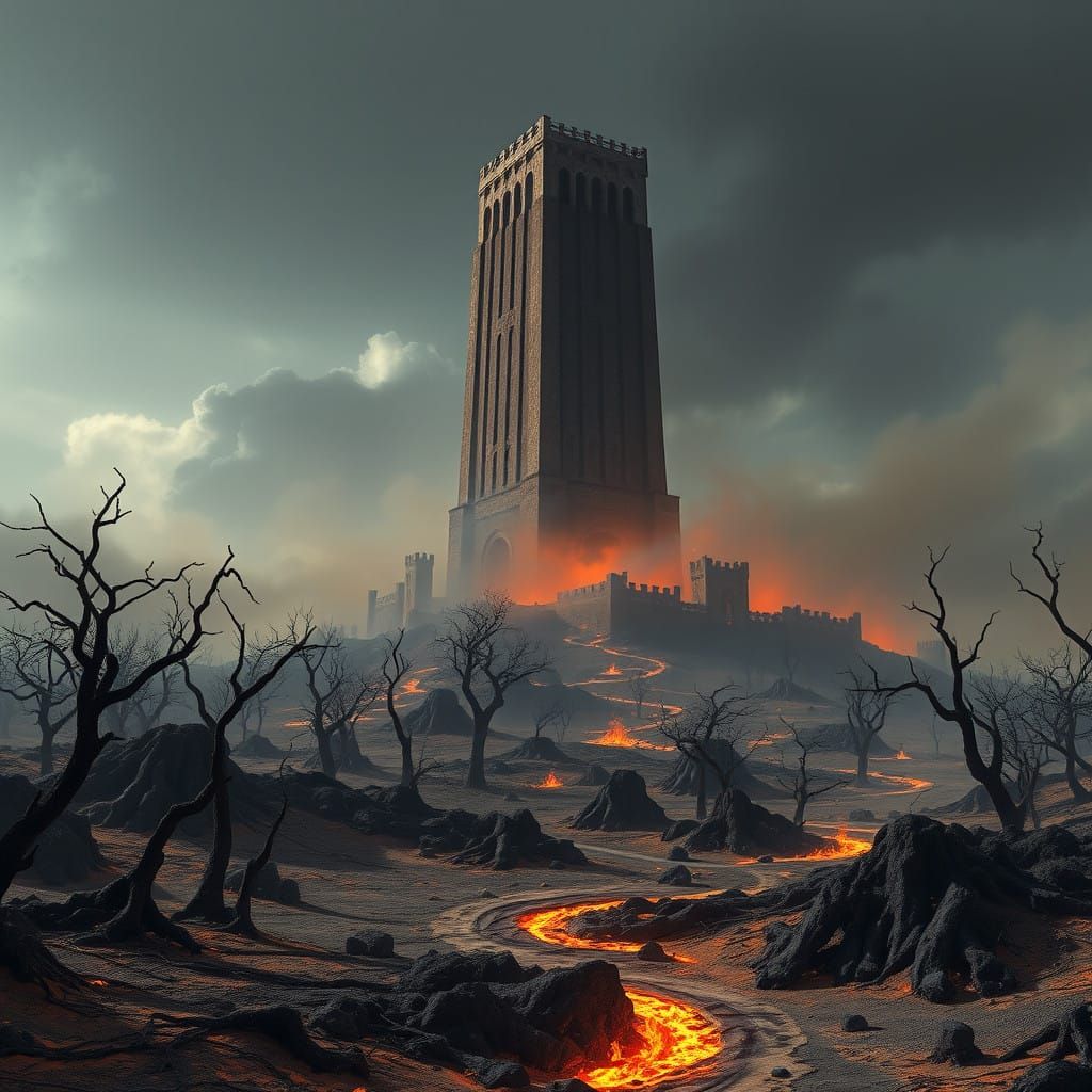 Colossal Ancient Donjon Tower Amidst Desolate Scorched Lands...
