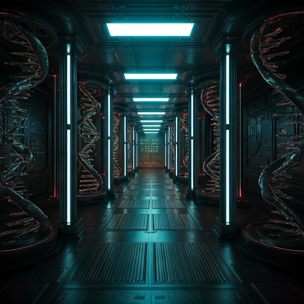 Futuristic Laboratory with DNA Helix Sculptures in Cyberpunk...