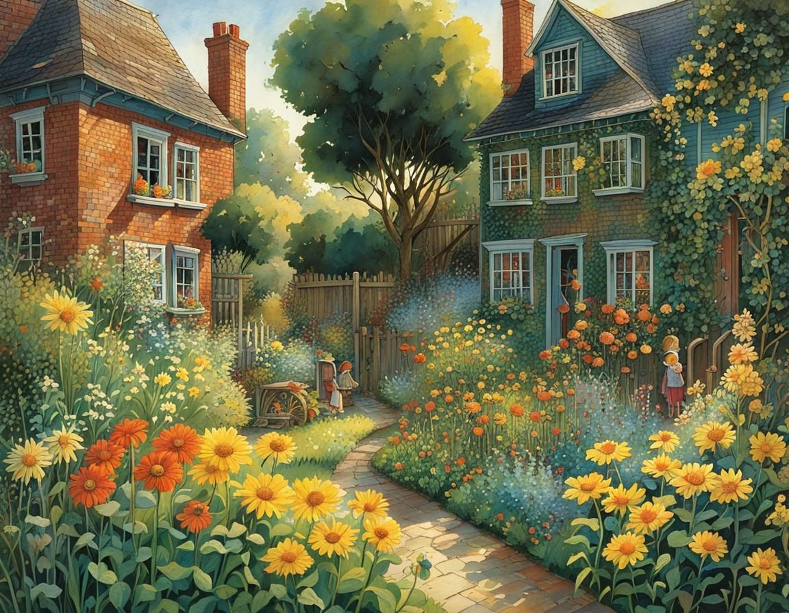 Sunlit Garden Scene in Whimsical Style