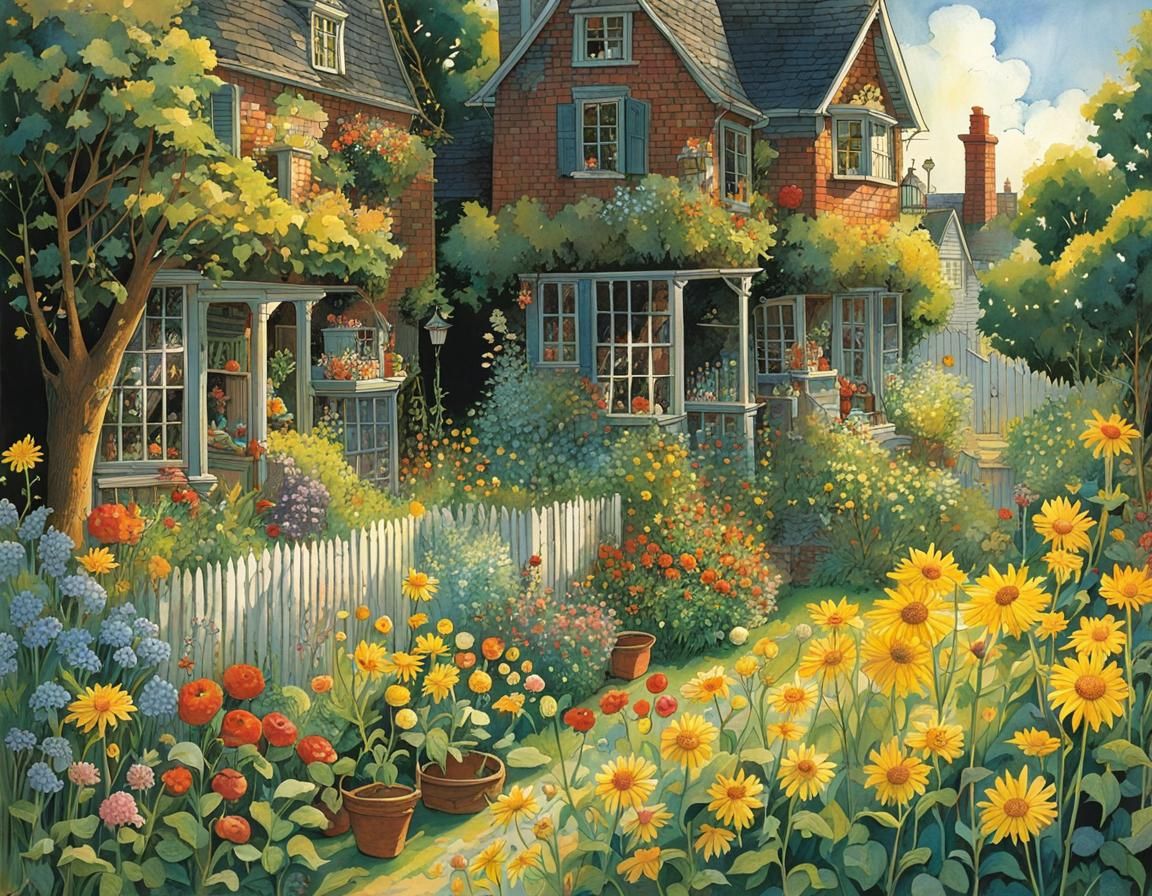 Sunlit Garden Between Dark Houses: Intricate Art