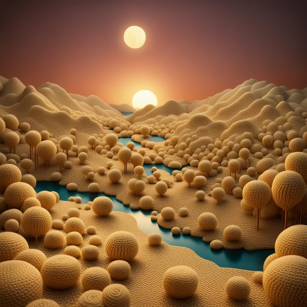 entire landscape crafted from yarn meticulous crochet imitat...