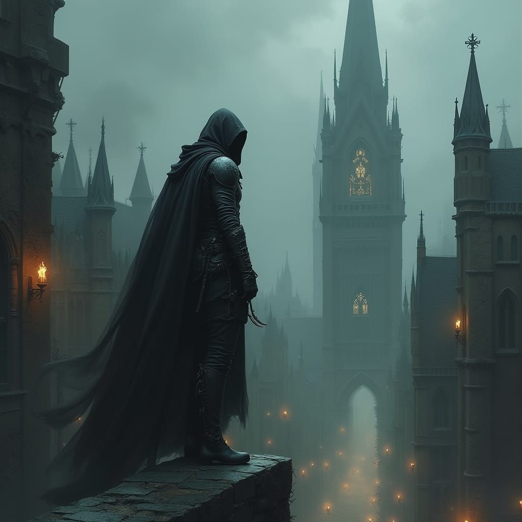 Dark Elf Assassin in Gothic Cityscape