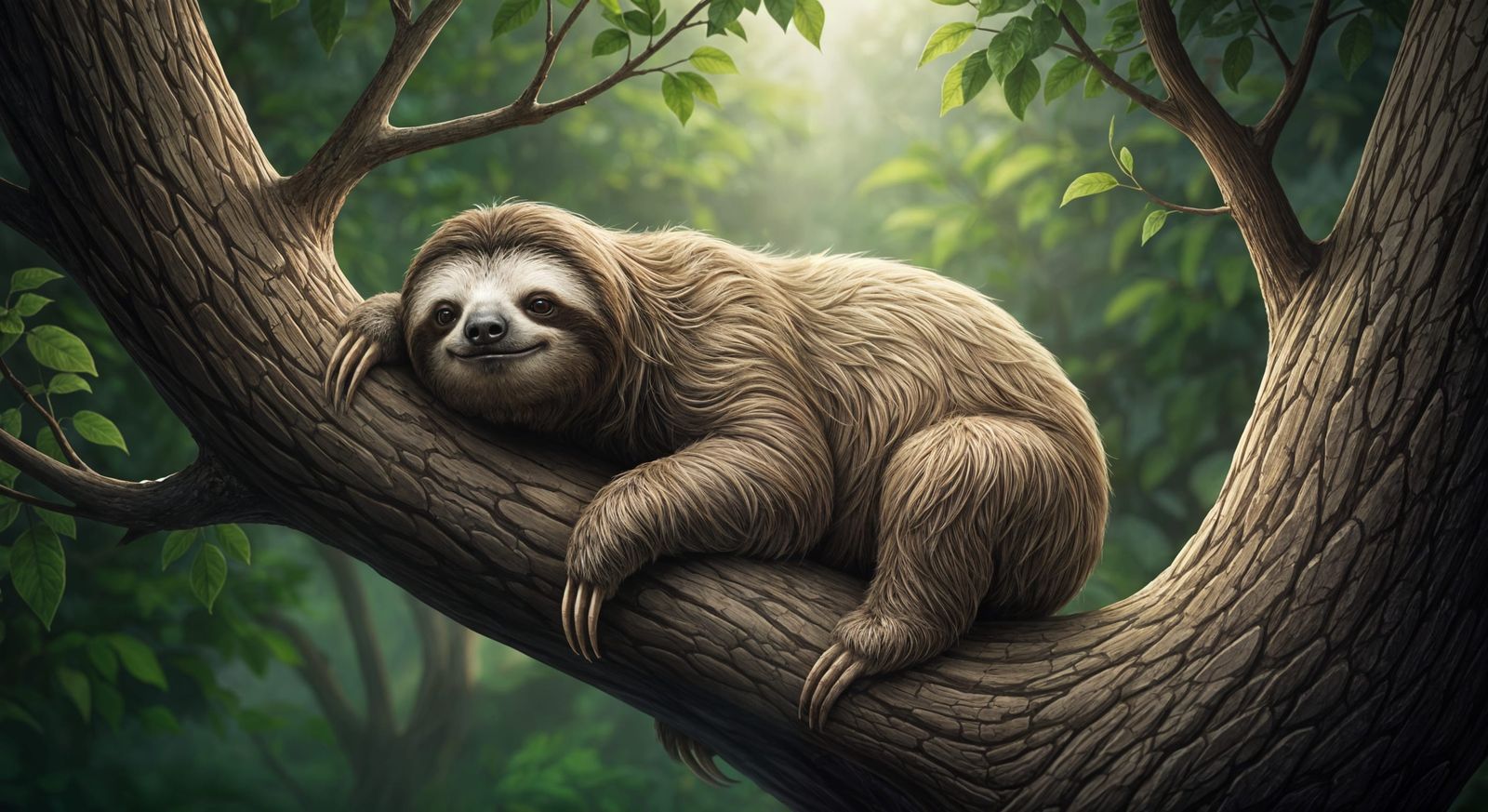 Detailed Sloth on Tree Branch in Whimsical Style