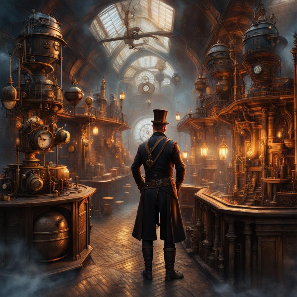 Steampunk Man in Mythological Cosmic Diorama