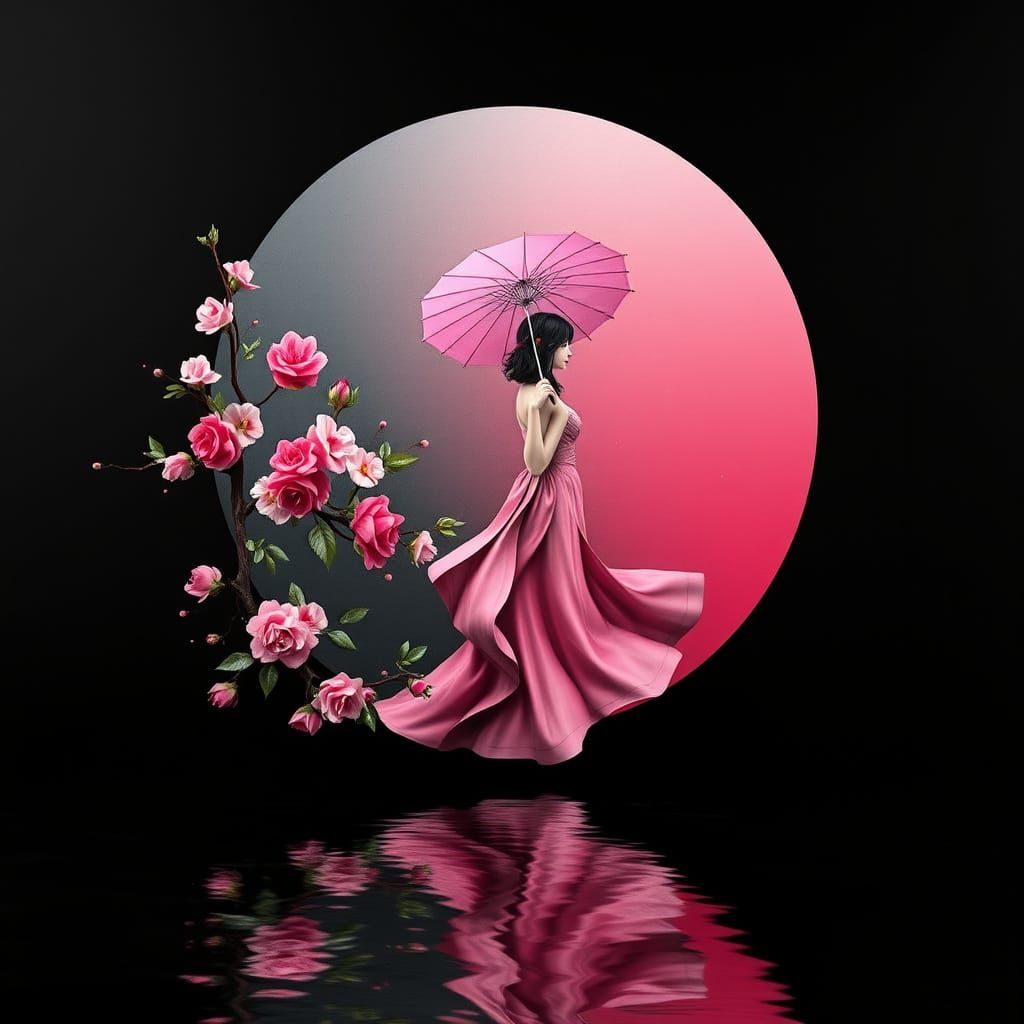 Surreal Lady with Rose Umbrella in Whimsical Fantasy Landsca...