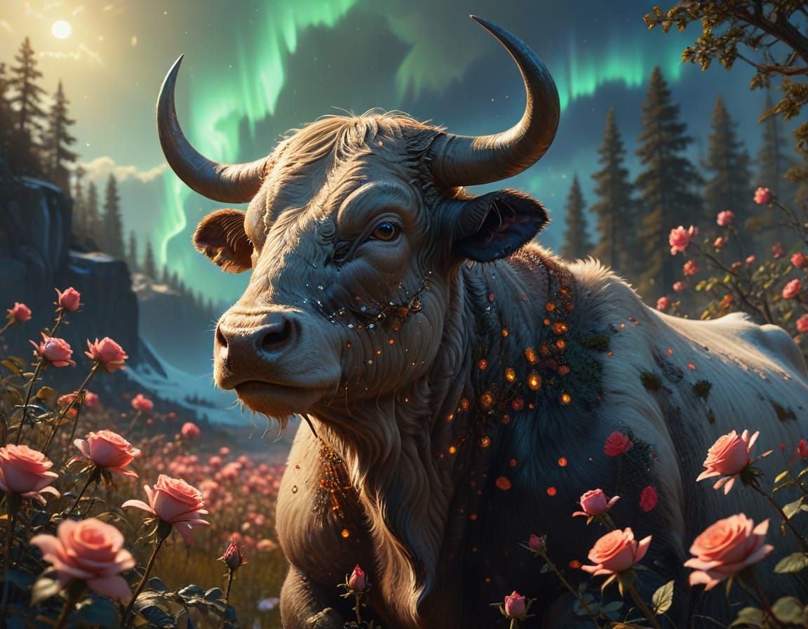 Divine Sunshine Illuminates a Happy Bull in a Fantastical La...