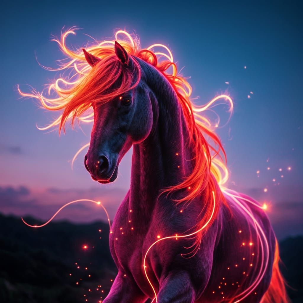 Hyperrealistic Neon Horse with Flowing Magic