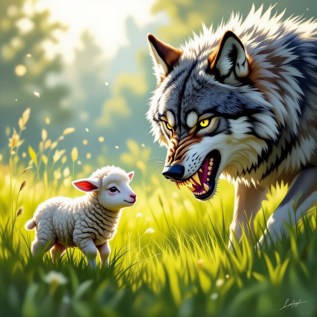 Frightened Lamb and Ferocious Wolf in Meadow