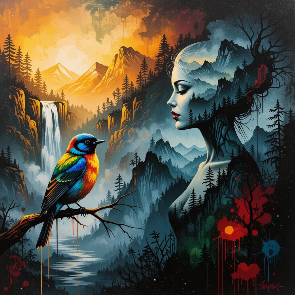 Surreal Dark Fantasy Landscape with Street Art Elegance