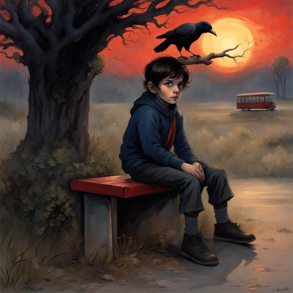 Boy with Raven at Bus Stop: Gothic Horror