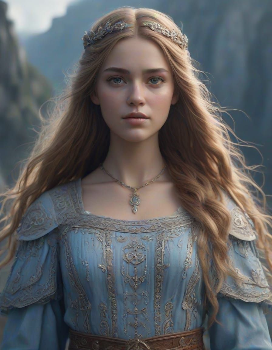 Norse Goddess in Light Blue Dress, Focused on Magic