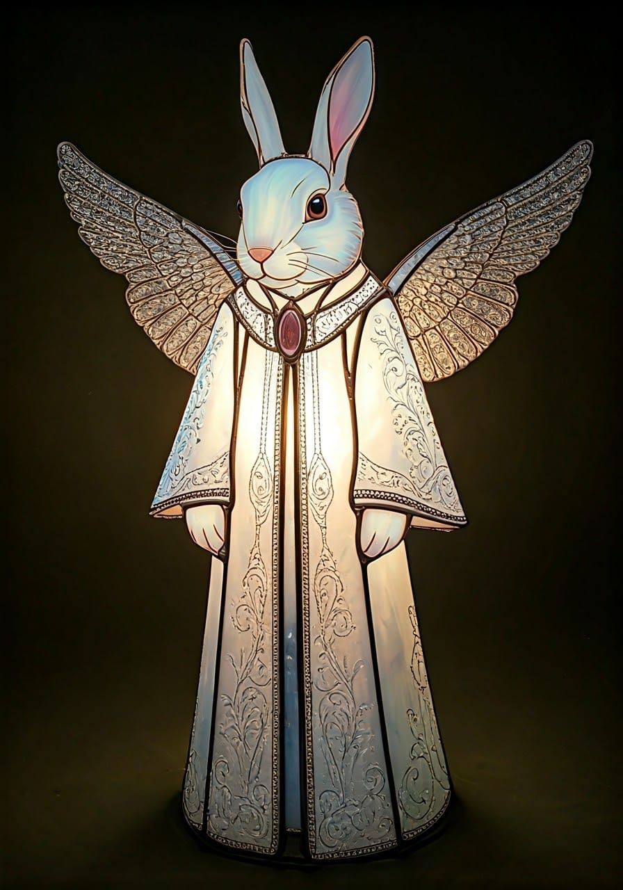 Stained glass rabbit dressed as an angel