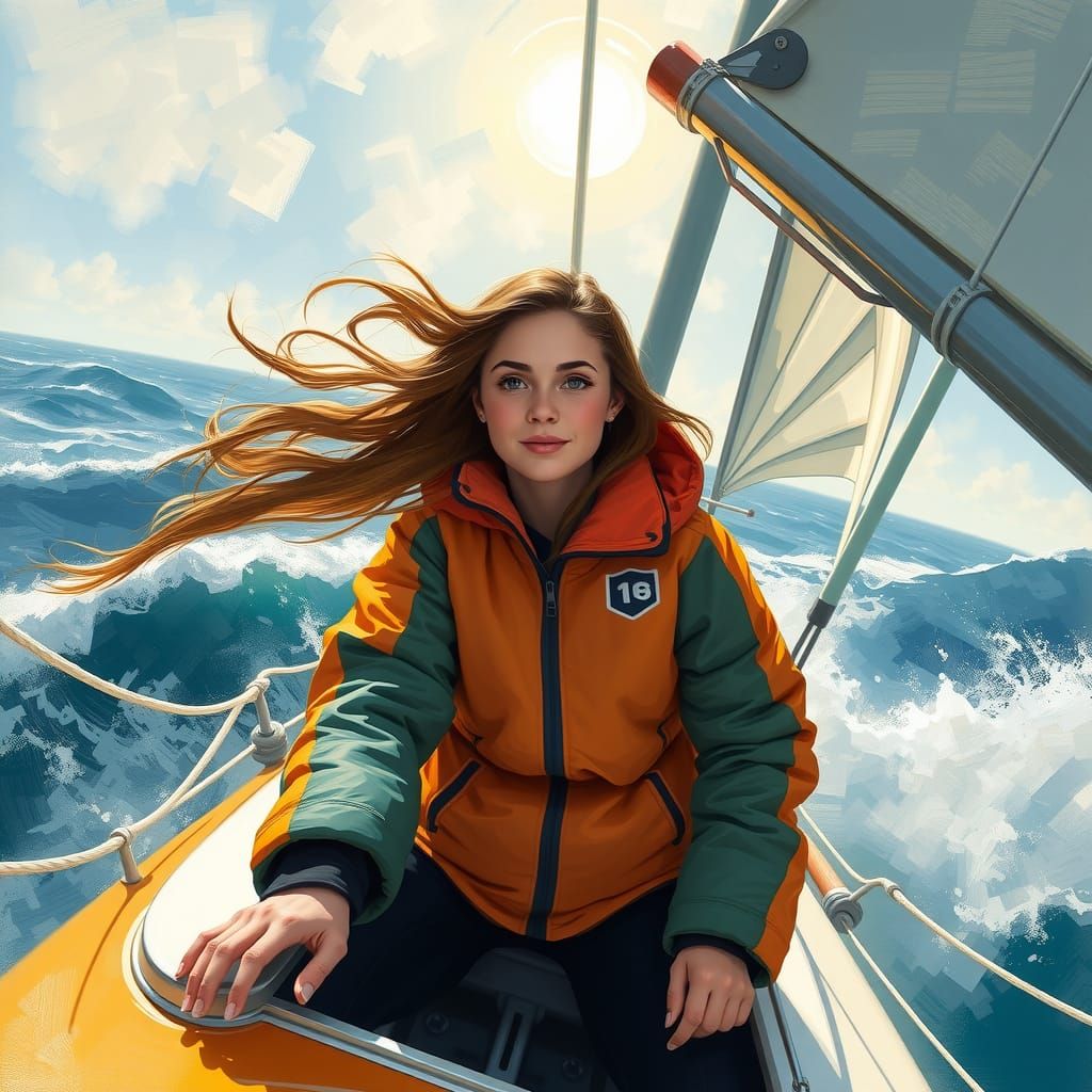 Woman Sailing Catamaran on Open Sea in Sunlight