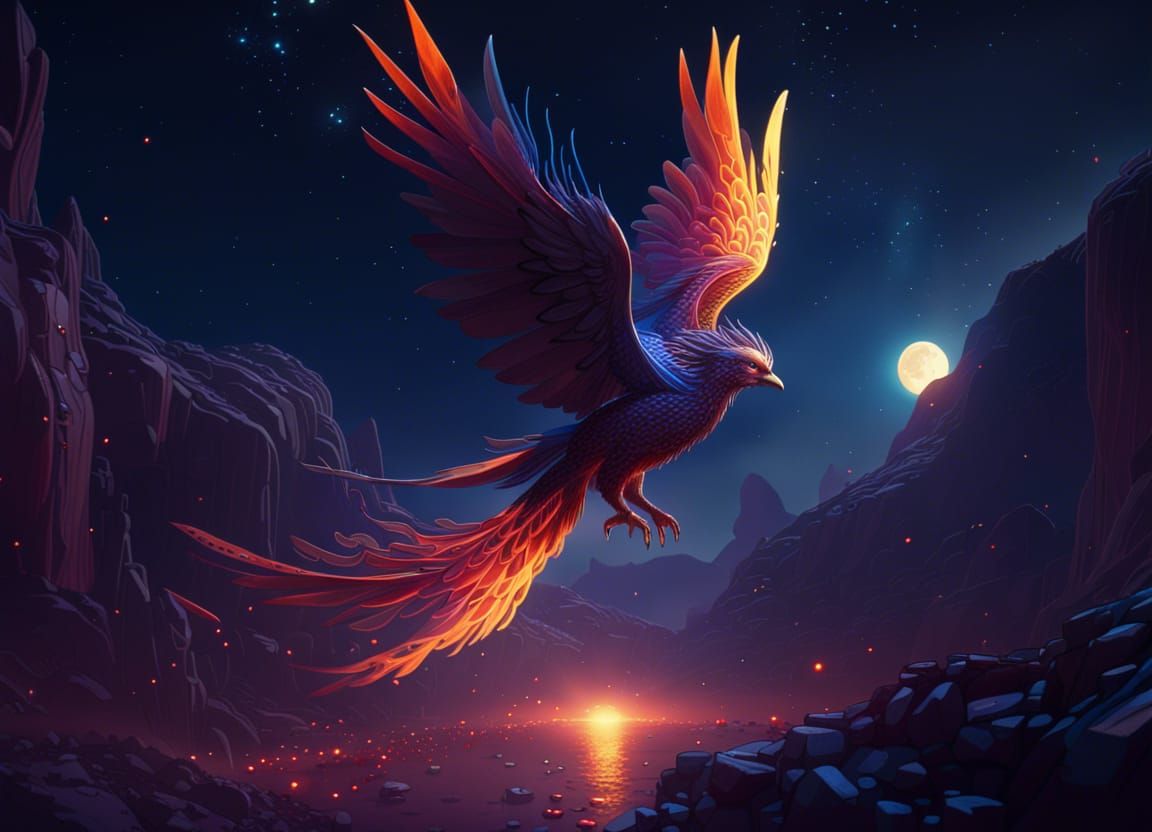 Phoenix Ascending Under Moonlight, Fantasy Concept Art