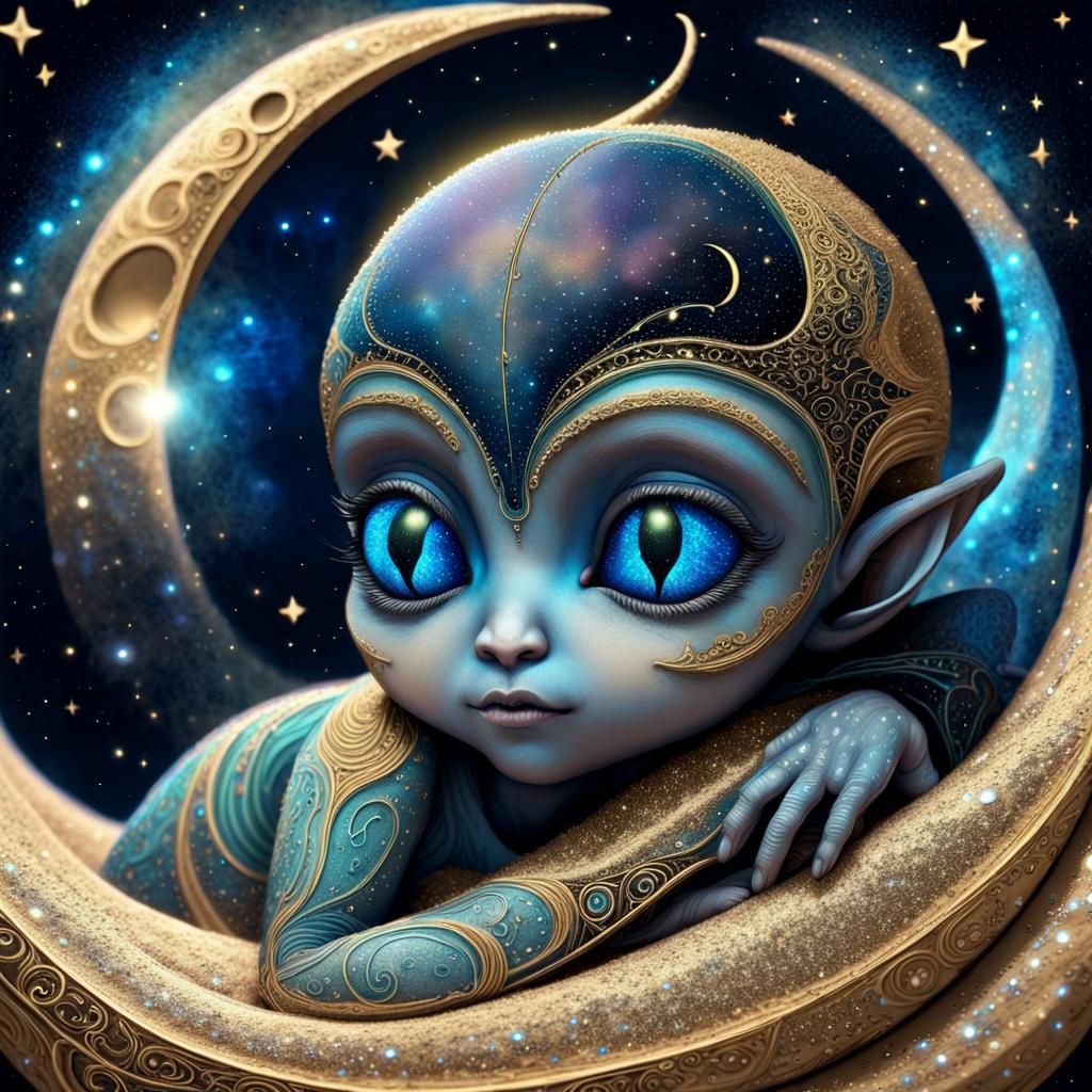 Adorable Alien Baby Sleeping on Glittering Crescent Moon