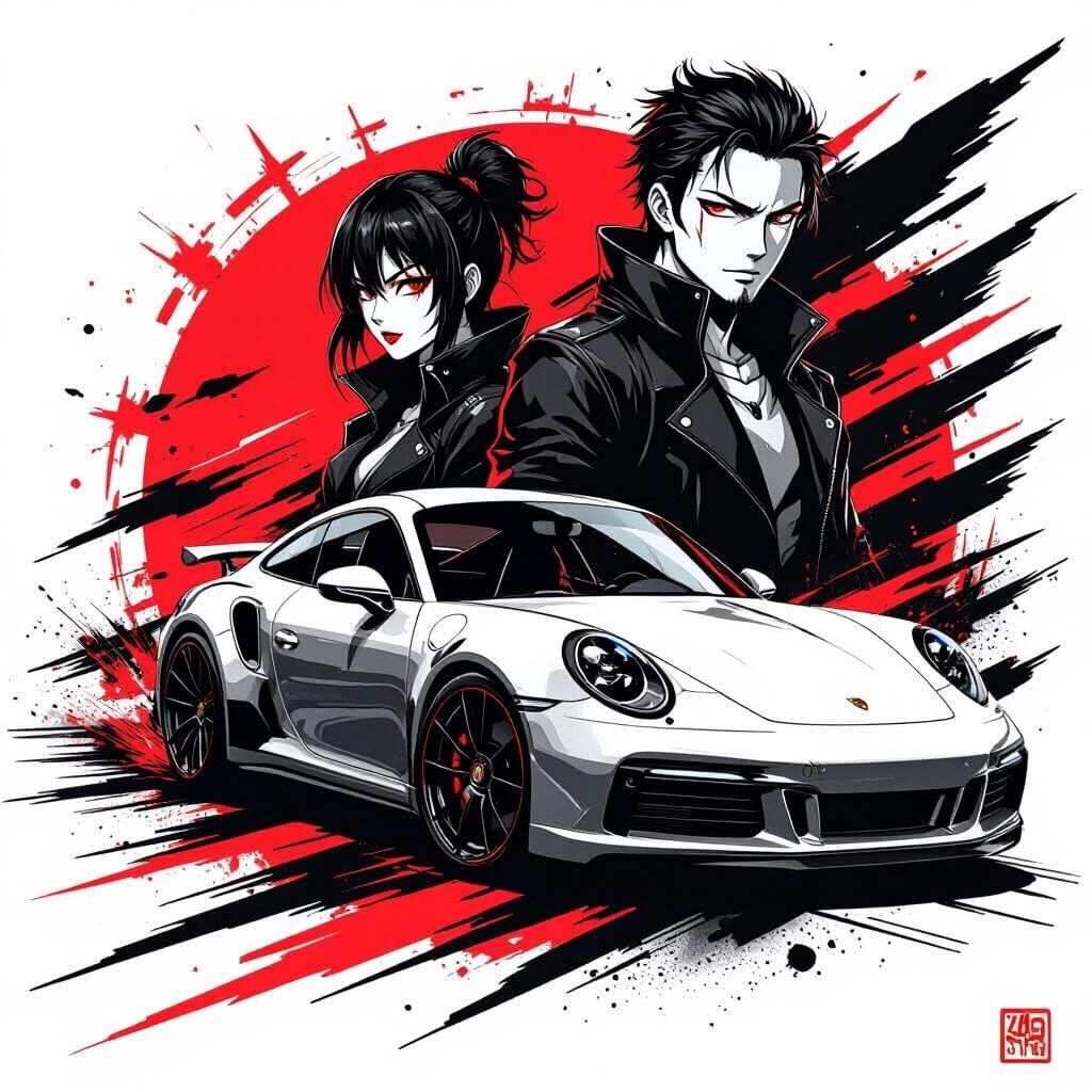 Manga Porsche 911 with Characters in Red and Black Ink Style