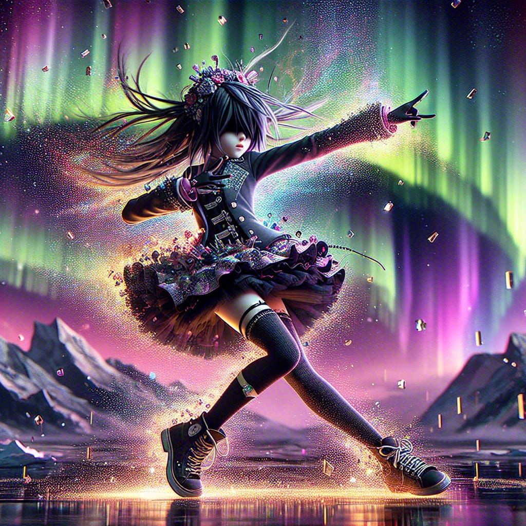 Girl Dancing with Aurora in Anime Dark Fantasy