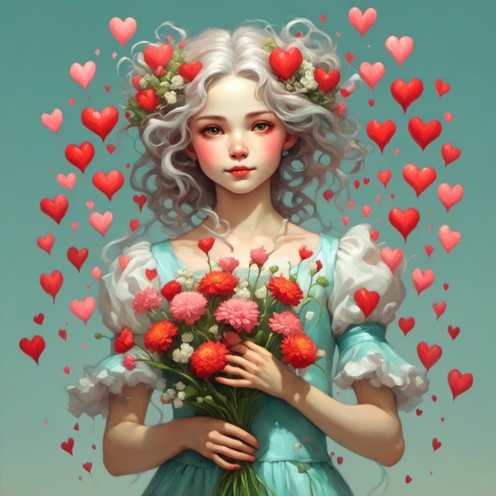 Happy Girl with Flowers and Hearts