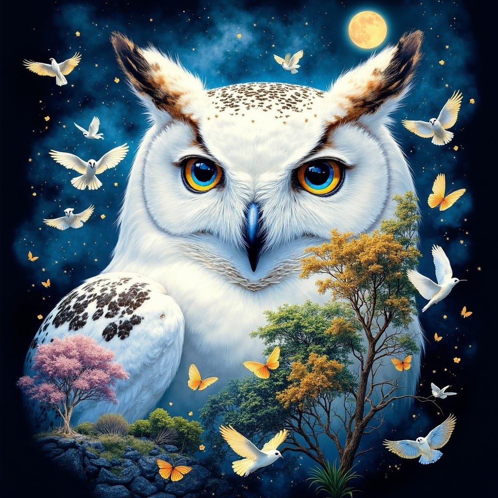 Double Exposure Owl Masterpiece in Magical Realism Style