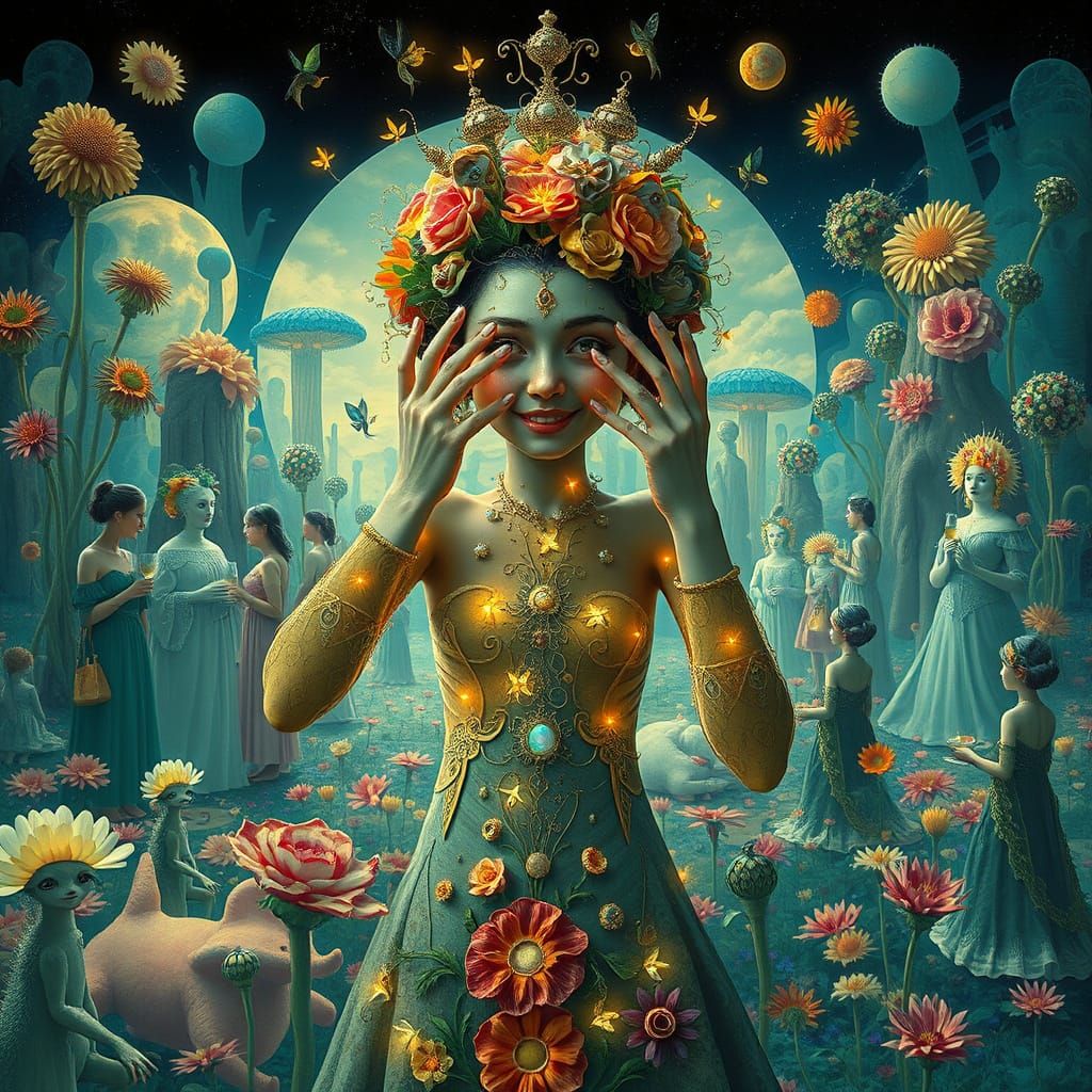 Surreal Woman with Fireflies in Dreamlike Garden