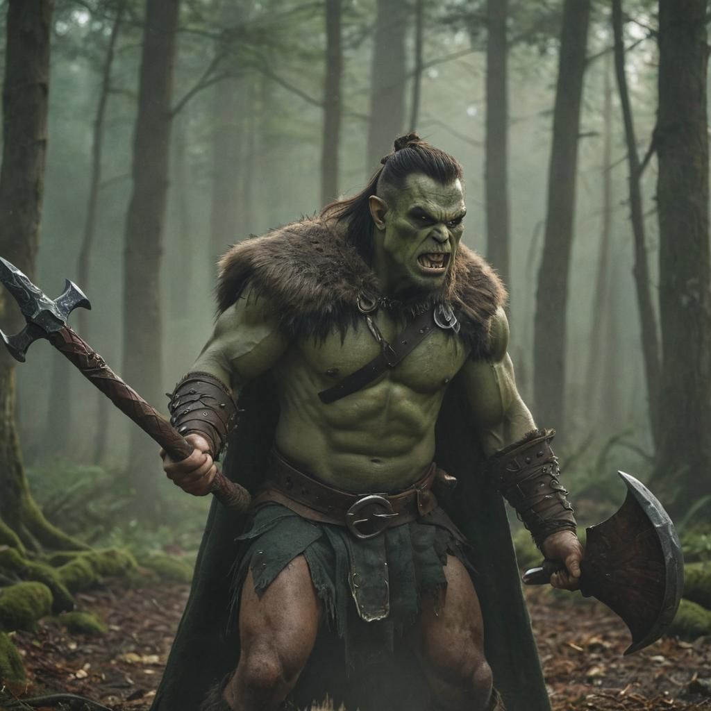 Fierce Half-Orc Barbarian in Misty Forest