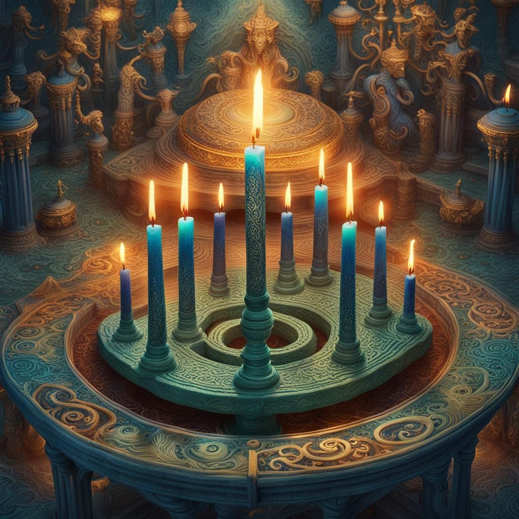 Menorahs Surrounded by Light and Mythical Creatures