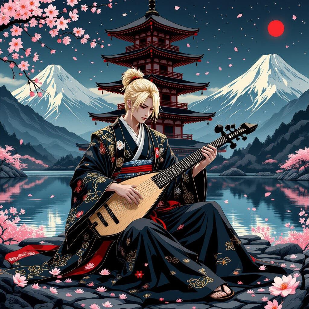 Samurai Koto Player in Black and White Fantasy
