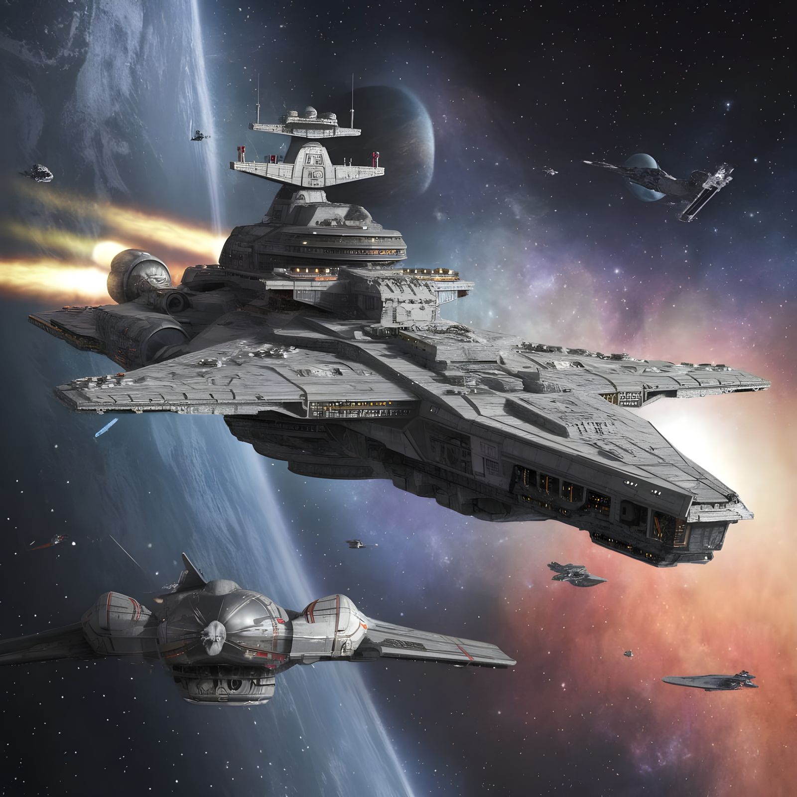 Cyberpunk Battlecruiser in Action Amidst Distant Galaxies
