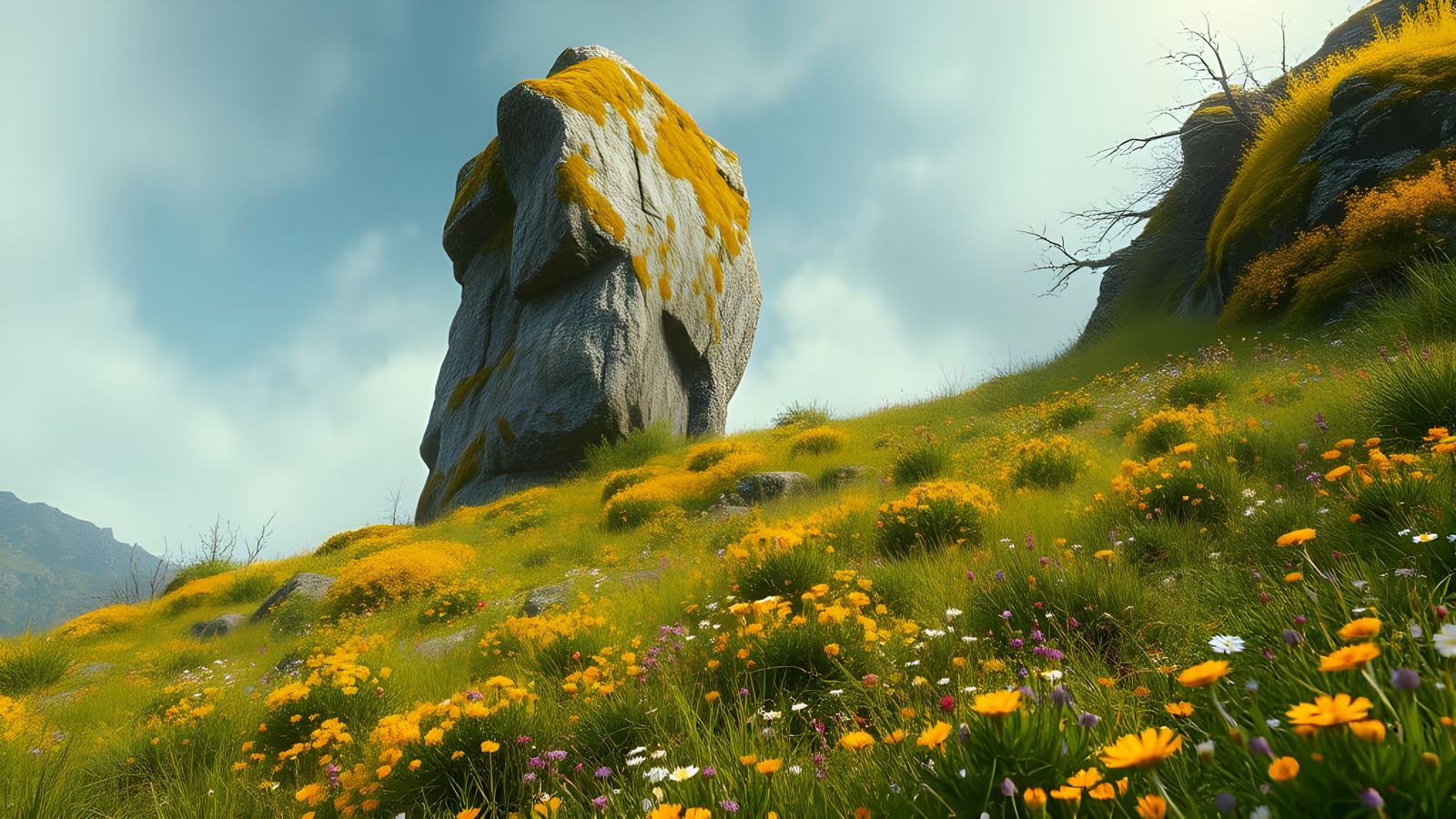 Stone Giant in Wildflower Meadow: Cinematic Digital Art