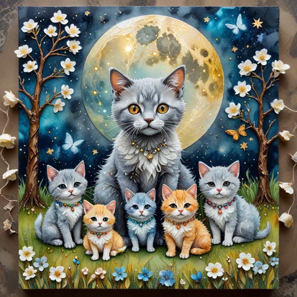 Whimsical Watercolor Illustration of Kittens Under the Full ...