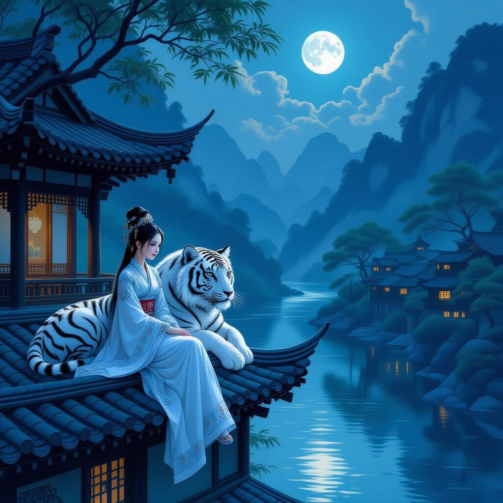 Hanfu Girl and White Tiger Moonlit River Scene