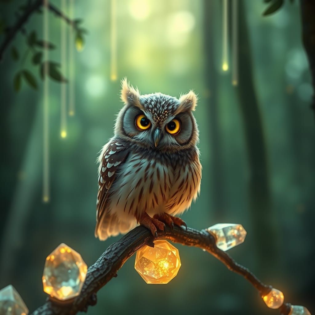 Magical Owl Perched on Crystal Branch in Twilight