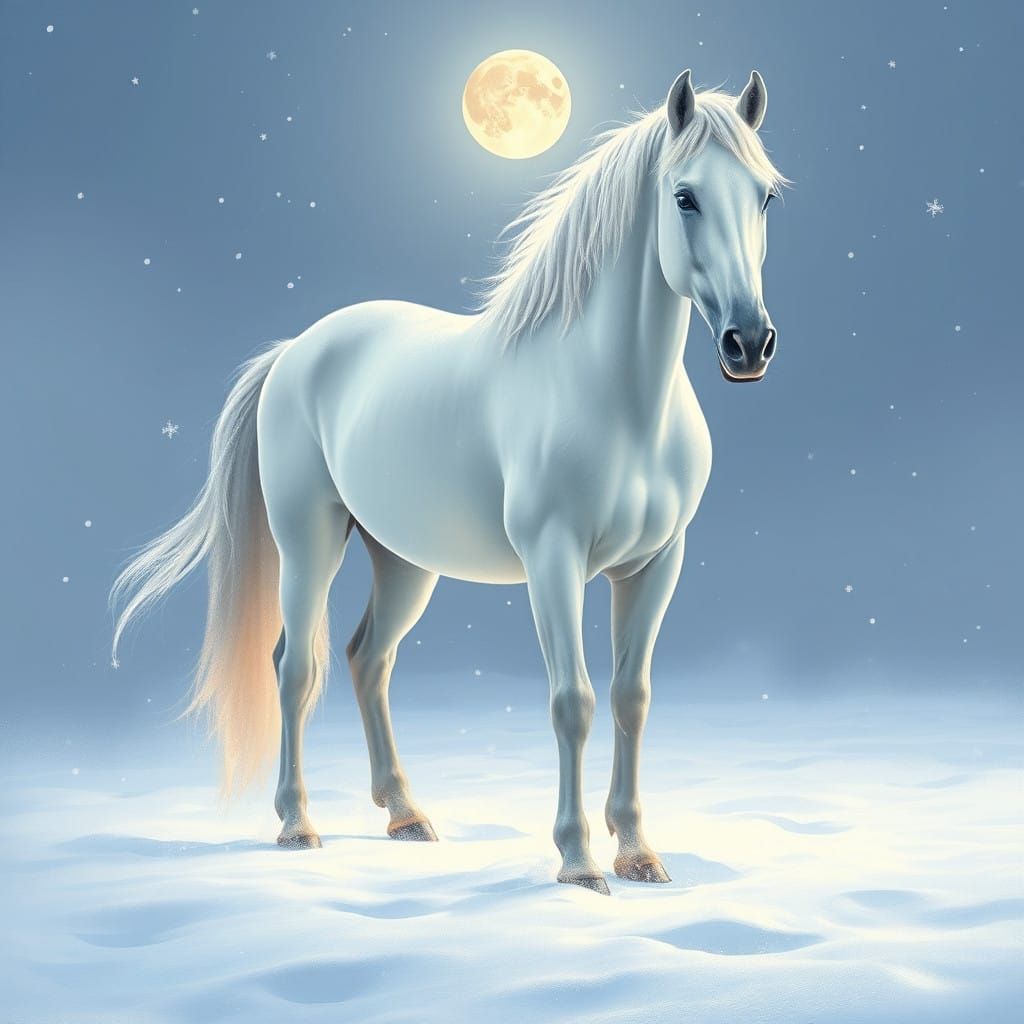 Majestic White Horse in Ethereal Snowscape