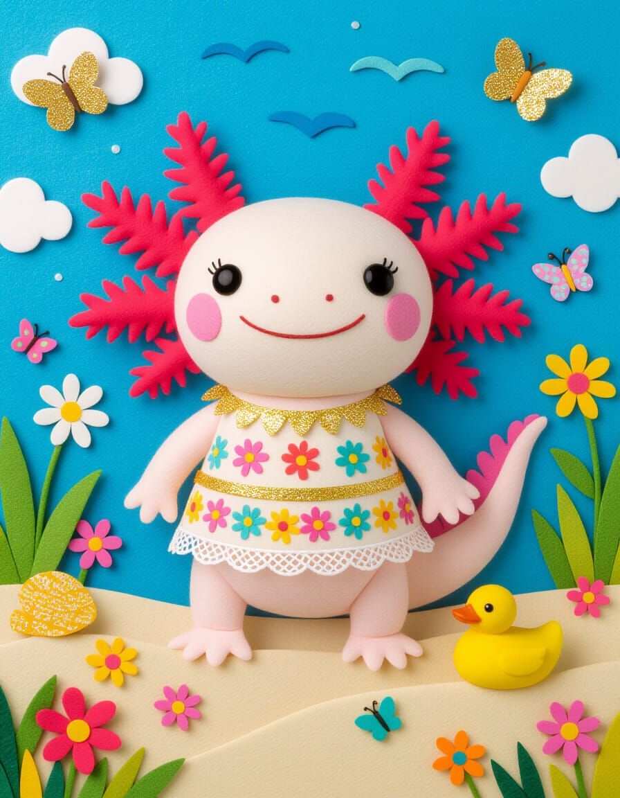 Felt Art Axolotl on Decorated Beach Holiday