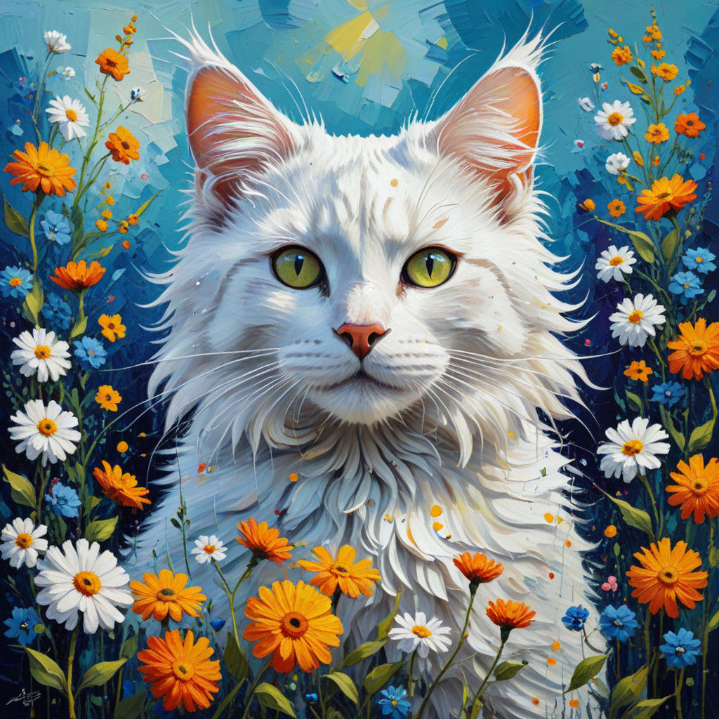 Whimsical White Cat in a Fauvist Floral Haven