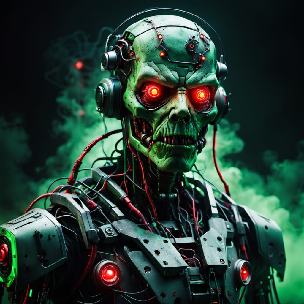 Robotic Zombie Portrait in Dark Lab with Glowing Eyes