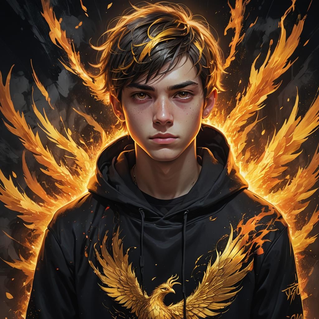 Teenage Boy in Phoenix Hoodie, Hyperdetailed Concept Art