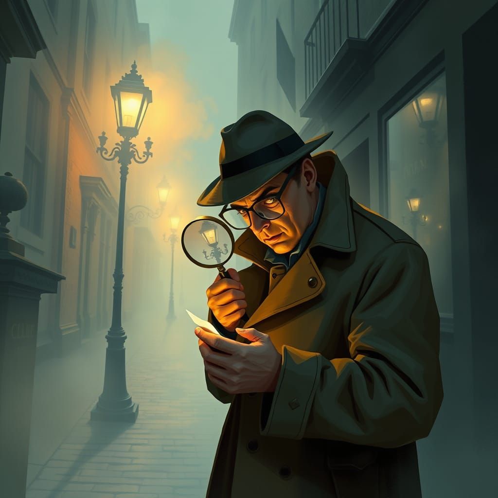 Detective Investigates Clue in Foggy London Alleyway