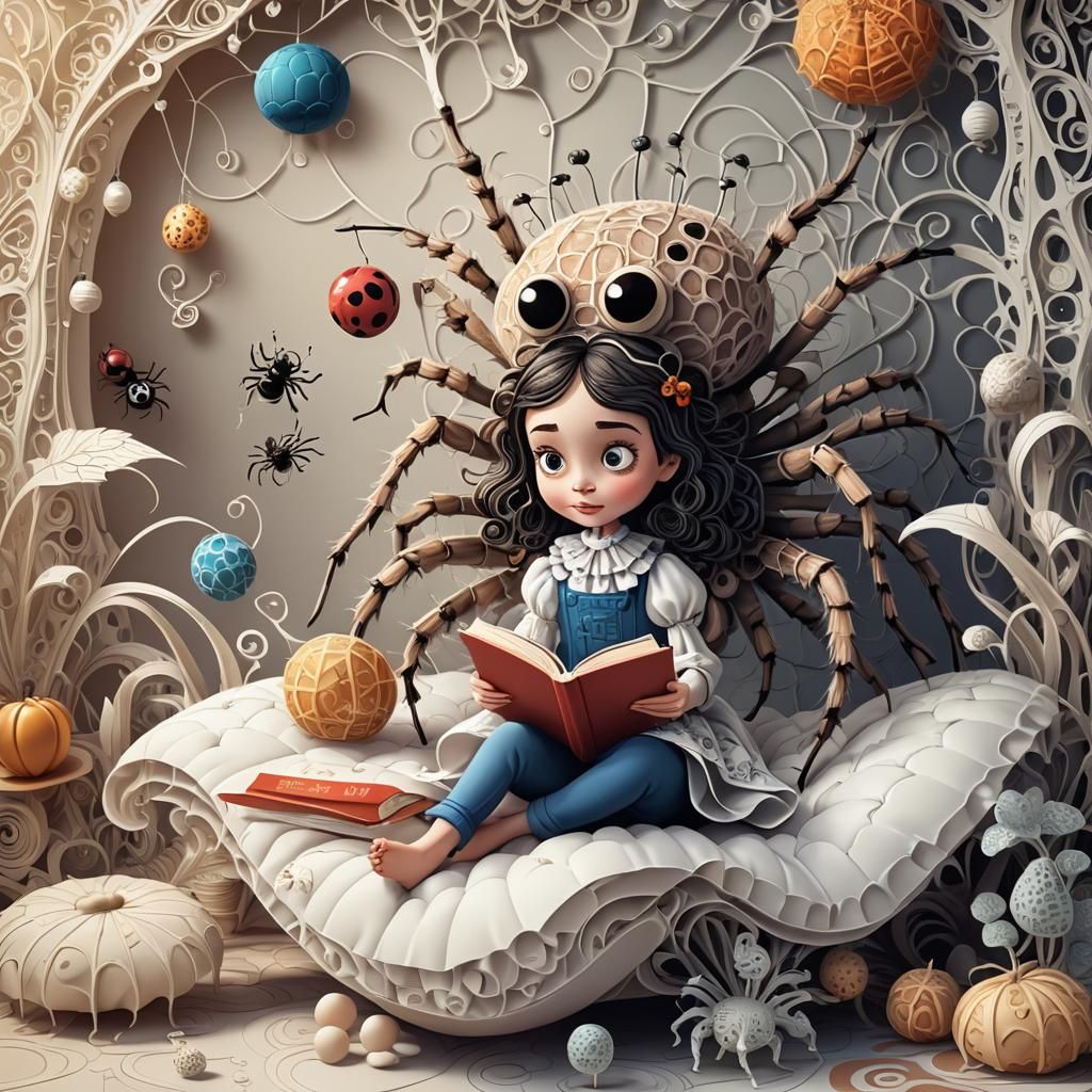 l little Miss Muffet sits on a big fluffy cushion reading a ...