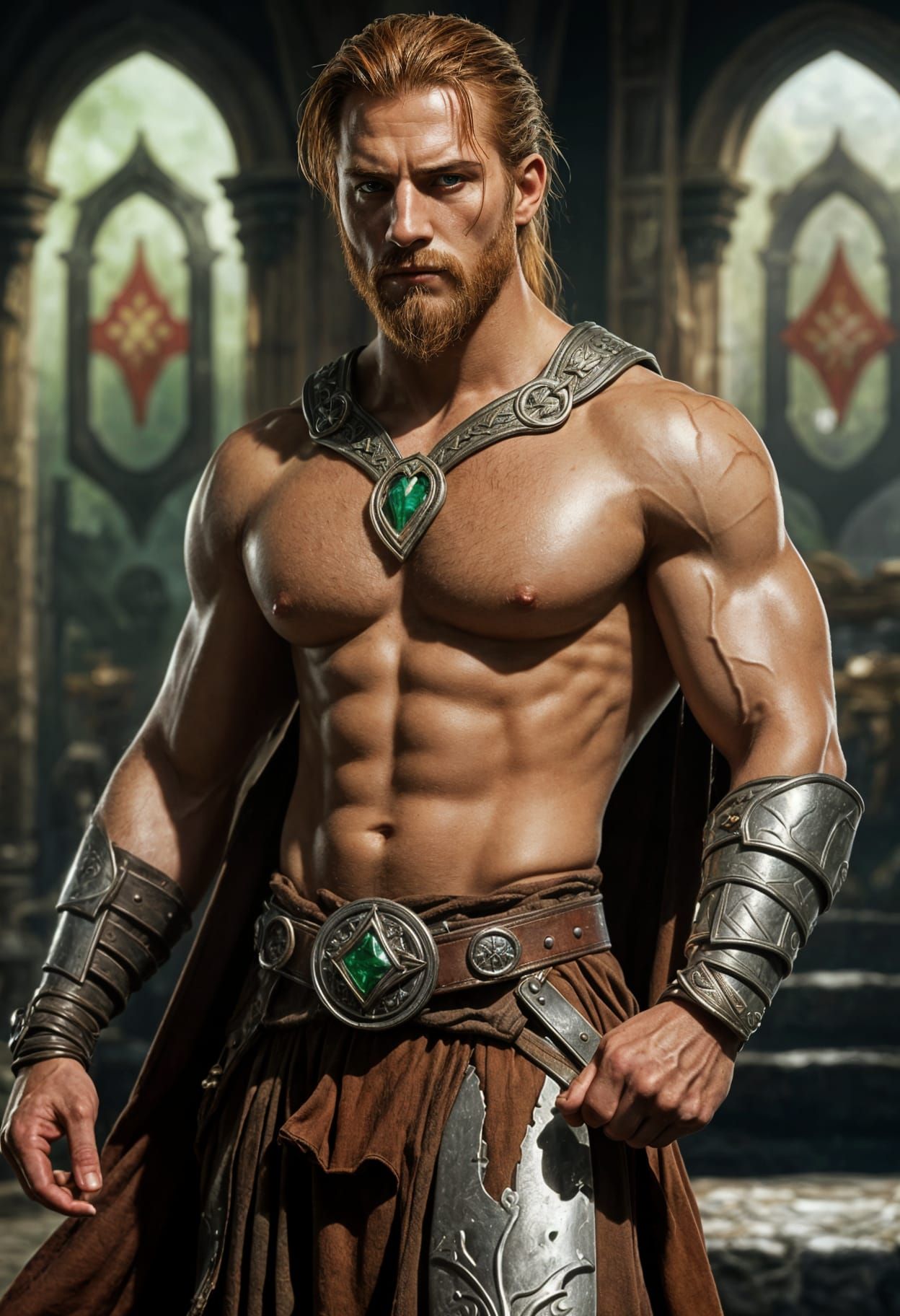 Celtic Warrior in Golden Kilt, Red Hair, and Viking Beard