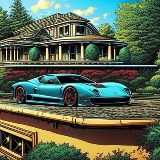 Mansion with Garden, Pool, and Cars in Comic Art Style