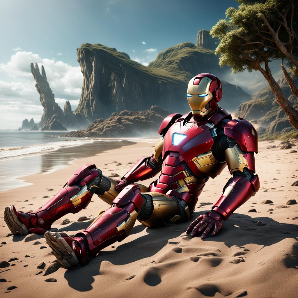 Iron Man Relaxing on a Beach as Detailed Matte Painting