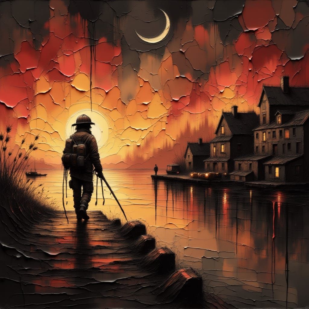 Firefighter Battles Wildfires in Dark Surreal Landscape