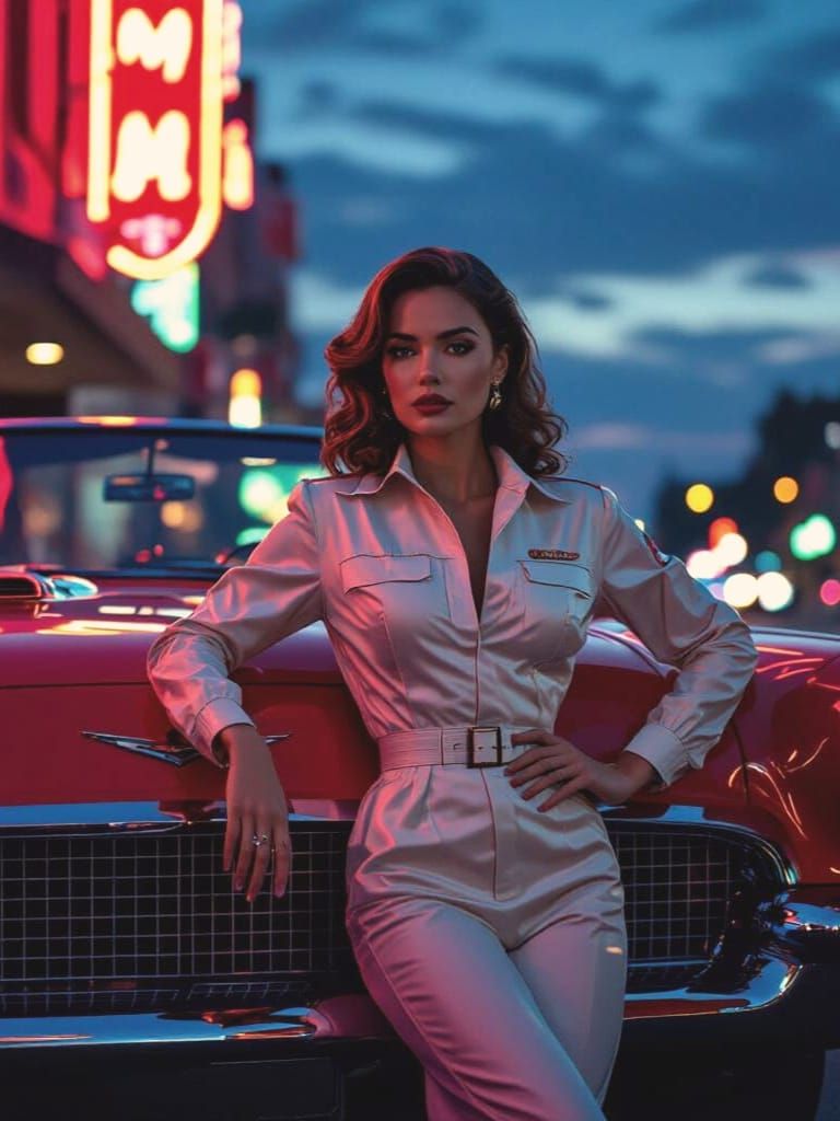 Woman and Vintage Car Under Neon City Sky