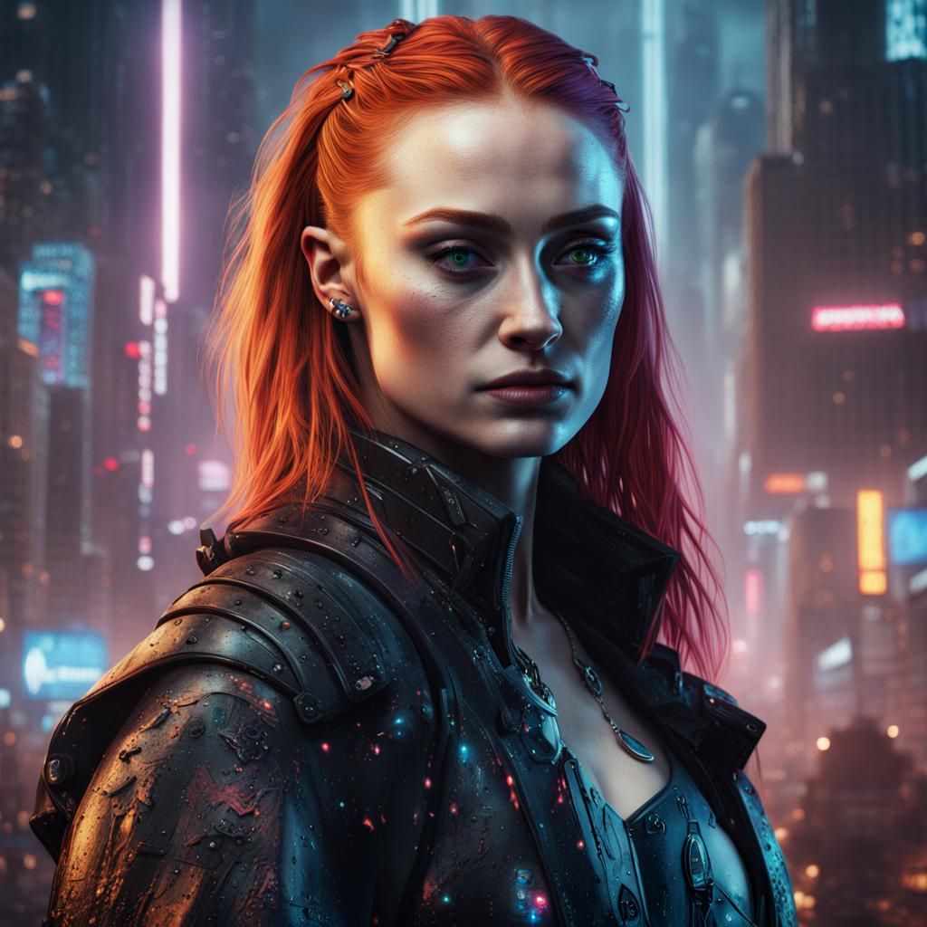 Cyberpunk Portrait of Sophie Turner: Detailed Matte Painting
