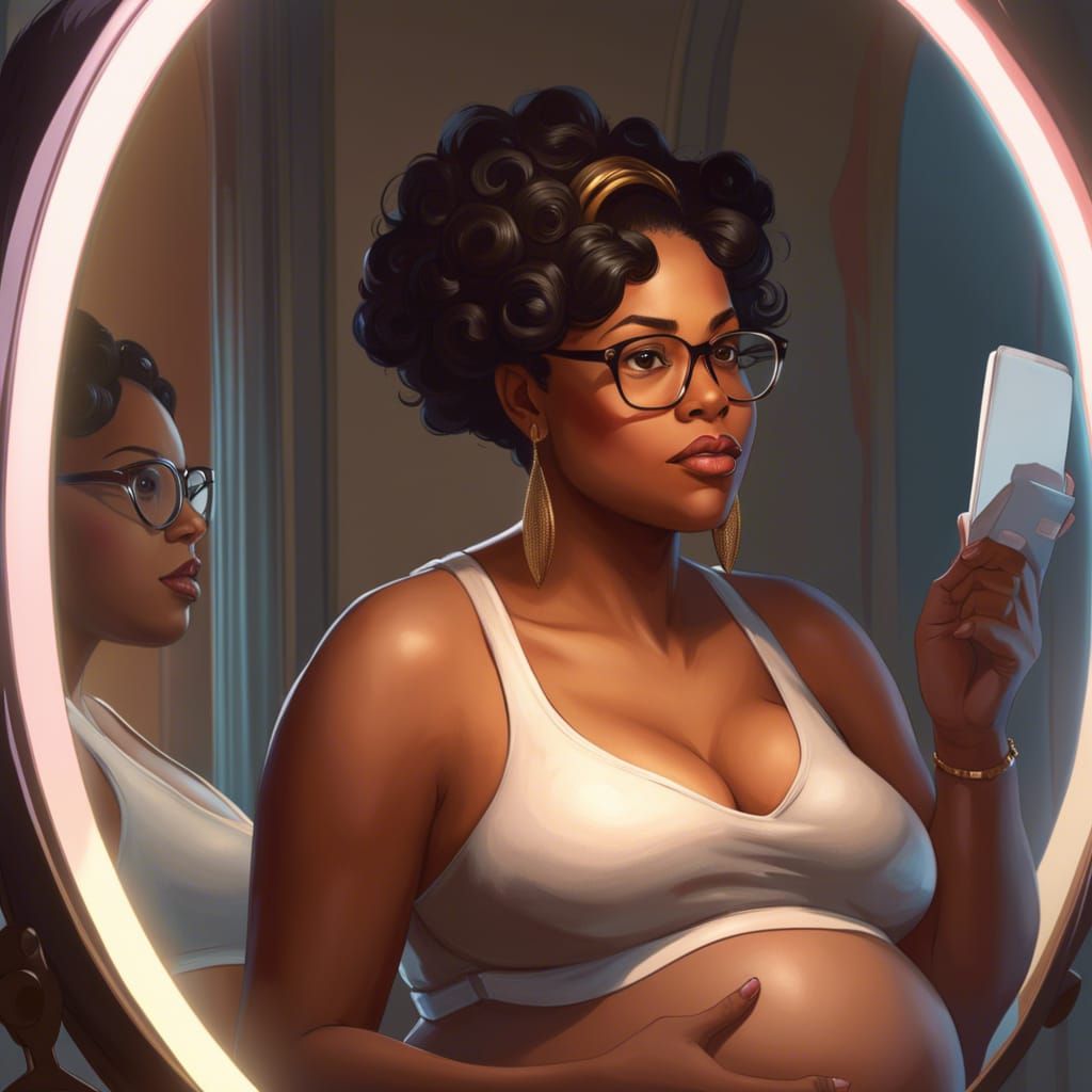Pregnant Woman Worriedly Examines Big Belly: Artgerm Style
