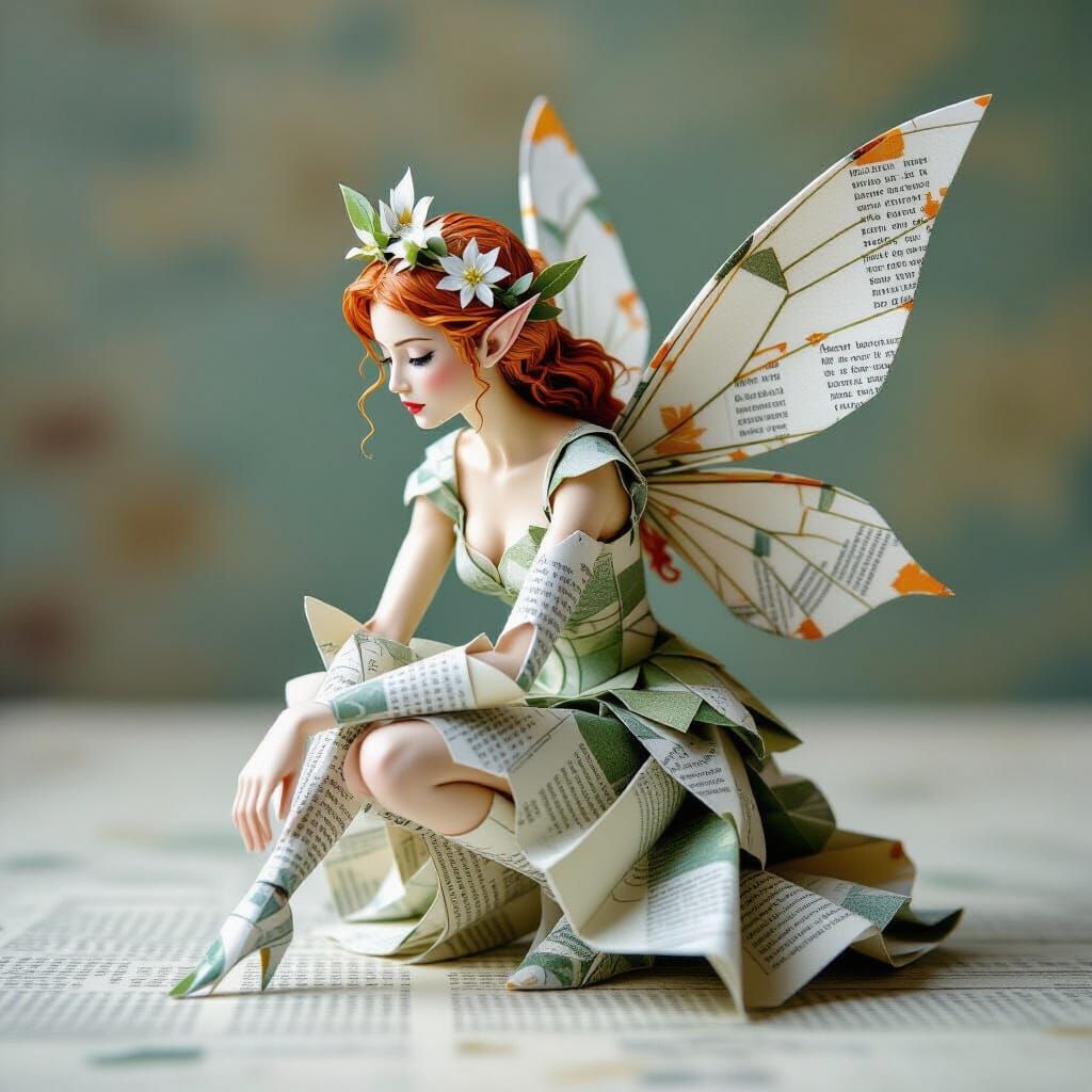 Realistic Origami Fairy Sculpture in Newspaper Collage