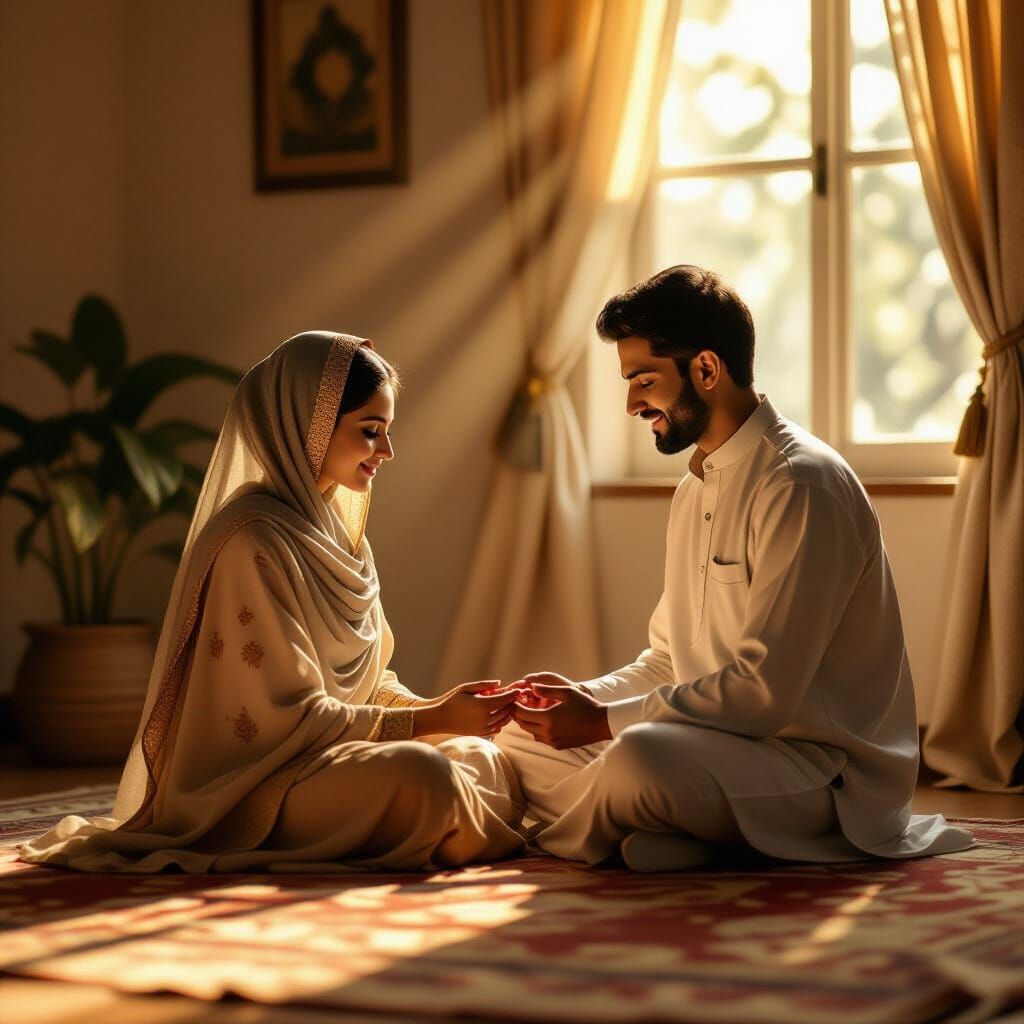 Devotional Couple Performing Salat Together in Serene Room