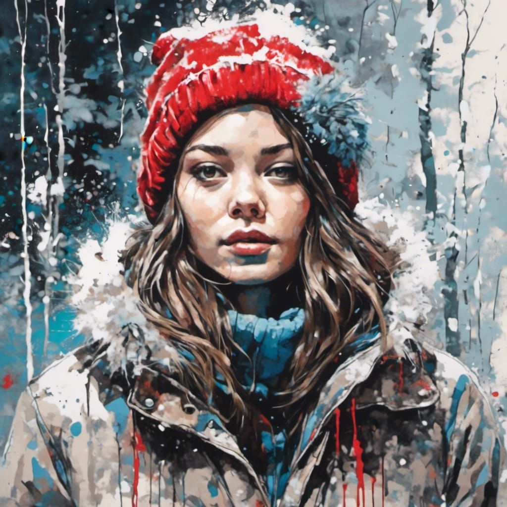 Young Woman in Winter Reflection, Splatter Graffiti